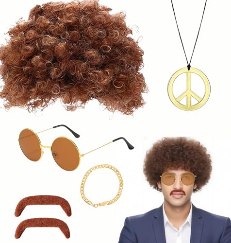 LIUQOBN 6 Stück Disco Hippie Kostüm, 60/70/80er Jahre Hippie-Kostüm, Funky Afro-Perücke, Halskette, Sonnenbrille, Armband, Bart, Cosplay für Halloween Mottoparty LIUQOBN 6 Stück Disco Hippie Kostüm, 60/70/80er Jahre Hippie-Kostüm, Funky Afro-Perücke, Halskette, Sonnenbrille, Armband, Bart, Cosplay für Halloween Mottoparty von LIUQOBN