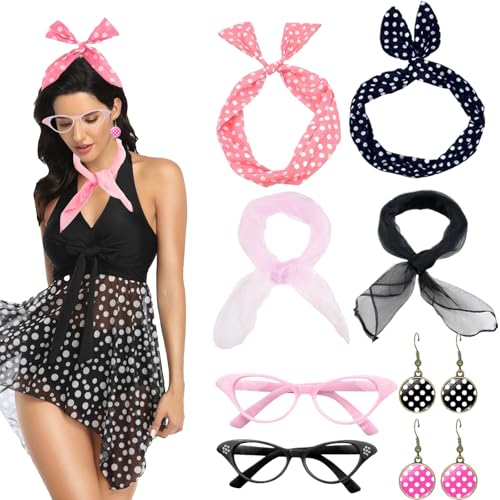 LIUQOBN 8 Stück 50er Jahre Kostüm Zubehör Verkleidung 1950er Jahre Kostüm Retro Zubehör Set inklusive Schal Brille Polka Dot Ohrringe Stirnband für 50er Jahre Mottoparty Supplies Kostüm von LIUQOBN