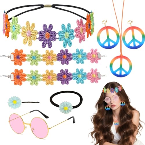 LIUQOBN 9-teiliges Hippie-Zubehör-Set für Damen, 70er-Jahre-Kostüm, Damen-Accessoires, inklusive Stirnband, Haarspange, Haargummi und Armband, rosafarbene runde Retro-Sonnenbrille von LIUQOBN