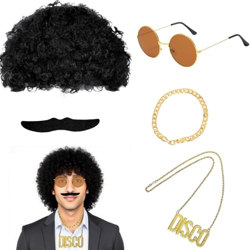 LIUQOBN Disco-Hippie-Kostüm, 70er-/80er-Jahre Hippie-Kostüm-Zubehör, flippige Afro-Perücke, Halskette, Sonnenbrille, Armband, Bart, Cosplay, für Halloween-Mottoparty, 10 Stück LIUQOBN Disco-Hippie-Kostüm, 70er-/80er-Jahre Hippie-Kostüm-Zubehör, flippige Afro-Perücke, Halskette, Sonnenbrille, Armband, Bart, Cosplay, für Halloween-Mottoparty, 10 Stück von LIUQOBN