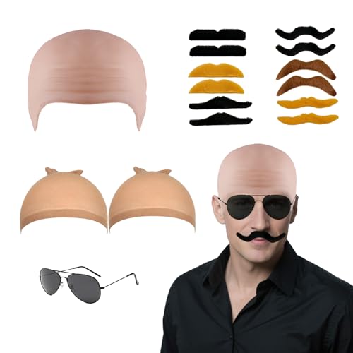 LIUQOBN Glatzenmütze für Erwachsene und Kinder, Set mit 2 Perückenkappen, Sonnenbrillen und 12 künstlichen Barts für Halloween, Kostüm, Kostüm, Cosplay, 16-teilig LIUQOBN Glatzenmütze für Erwachsene und Kinder, Set mit 2 Perückenkappen, Sonnenbrillen und 12 künstlichen Barts für Halloween, Kostüm, Kostüm, Cosplay, 16-teilig von LIUQOBN