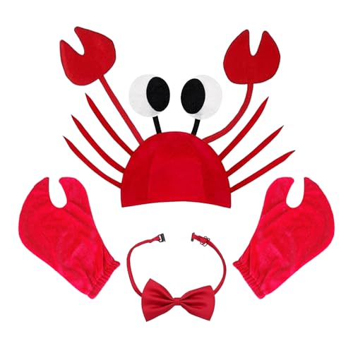 LIUQOBN Krabben-Kostüm-Zubehör mit Krallen-Handschuhen, rote Fliege, verstellbarer Krabbenhut für Halloween, Weihnachten, Ostern, Party, Dekoration, Erwachsene, Jungen, Mädchen, 4 Stück von LIUQOBN