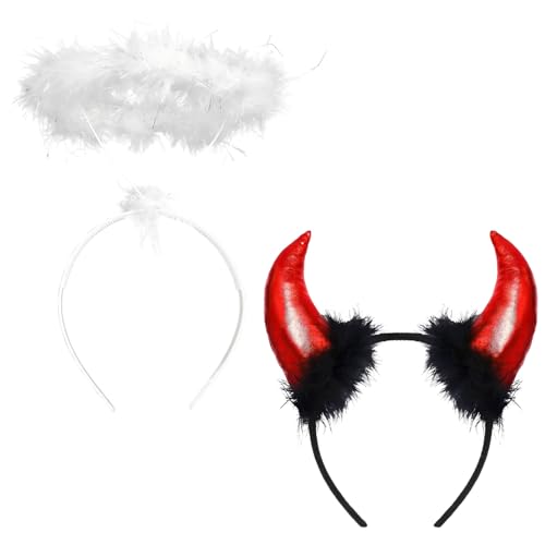 LIURFLNC 2 Stück Engel und Teufel Kostüm, Heiligenschein Engel, Teufelshörner Haarreif, Engel Haarreif + Teufel Hörner Teufelsohren Accessoire für Fasching Karneval Kostüm Cosplay Party von LIURFLNC