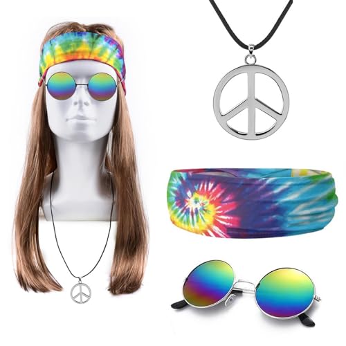 LIURFLNC 4er Set Hippie Kostüm Herren, Hippie Perücke Sonnenbrille Peace Halskette Anhänger Batik Stirnband Accessories, Fasching Kostüm 80er 90er Mottoparty Halloween Fasching Karneval LIURFLNC 4er Set Hippie Kostüm Herren, Hippie Perücke Sonnenbrille Peace Halskette Anhänger Batik Stirnband Accessories, Fasching Kostüm 80er 90er Mottoparty Halloween Fasching Karneval von LIURFLNC