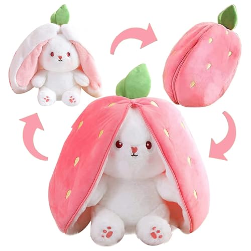 LIURFLNC Hase Kuscheltier, Kuscheltier Hase, Flip Hasen Osterhase Kuscheltier, Erdbeeren Hase Plüschtier mit Reißverschluss Ostergeschenke für Jungen Mädchen (Strawberry Rabbit, 23cm) von LIURFLNC