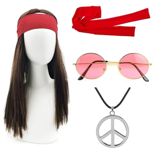 LIURFLNC Hippie Kostüm Herren, 60er 70er Jahre Outfit Herren, Hippie Kostüm Set Perücke, Sonnenbrille, Peace Halskette Anhänger, Stirnband, Hippie Perücke Herren für Fasching Karneval Thema Party LIURFLNC Hippie Kostüm Herren, 60er 70er Jahre Outfit Herren, Hippie Kostüm Set Perücke, Sonnenbrille, Peace Halskette Anhänger, Stirnband, Hippie Perücke Herren für Fasching Karneval Thema Party von LIURFLNC