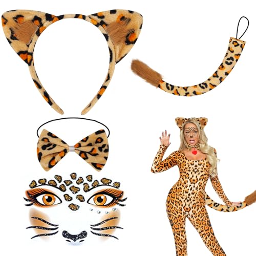 LIURFLNC Leoparden Kostüm Damen Set, Leoparden Ohren Haarreif, Fliege, Schwanz, Gesicht Aufkleber Schmucksteine Accessorie Halloween Karneval Mottoparty Kinder Kostüm von LIURFLNC