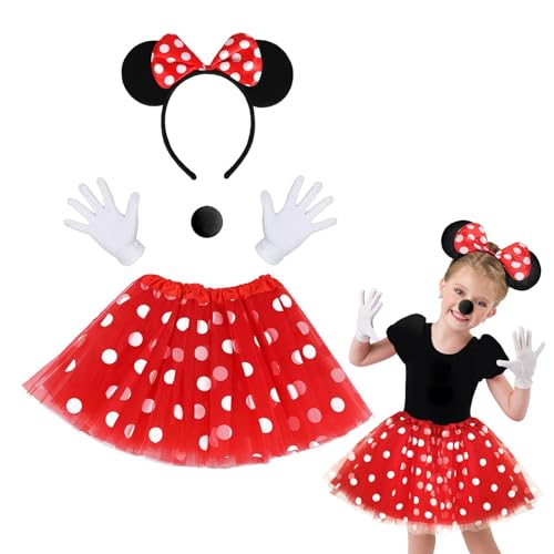 LIURFLNC Minnie Mouse Kostüm Damen, Mickey Mouse Kostüm Set mit Maus Ohren Nase Handschuhe, Kinderkostüme Mädchen, Mini Mouse Kostüm Mädchen für Karneval Thema Party Cosplay Party Faschingskostüme von LIURFLNC