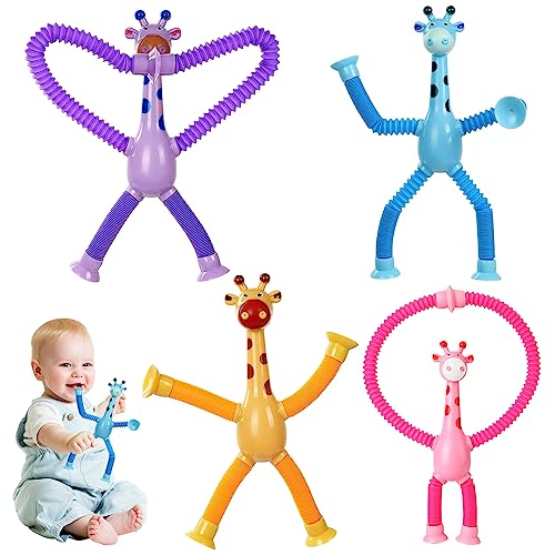 4 Stück Teleskop Saugnapf Giraffen Spielzeug, Giraffe Pop Röhren Sensorik Spielzeug, Giraffen-Teleskopspielzeug Pädagogisches Stress Spielzeug für Kinder von LIVESTN