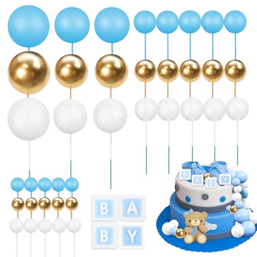 44 Stück Tortendeko Kugeln Bär, Tortendeko Taufe Set, DIY Kuchen Kugeln Dekoration, Gender Reveal Partyzubehör & Geburtstagsdekoration für Jungen Mädchen Geburtstag Party Baby Dusche (Blau) von LIVESTN