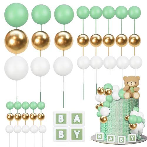 44 Stück Tortendeko Kugeln Bär, Tortendeko Taufe Set, DIY Kuchen Kugeln Dekoration, Gender Reveal Partyzubehör & Geburtstagsdekoration für Jungen Mädchen Geburtstag Party Baby Dusche (Grün) von LIVESTN
