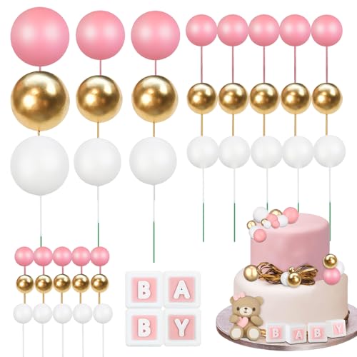44 Stück Tortendeko Kugeln Bär, Tortendeko Taufe Set, DIY Kuchen Kugeln Dekoration, Gender Reveal Partyzubehör & Geburtstagsdekoration für Jungen Mädchen Geburtstag Party Baby Dusche (Rosa) von LIVESTN