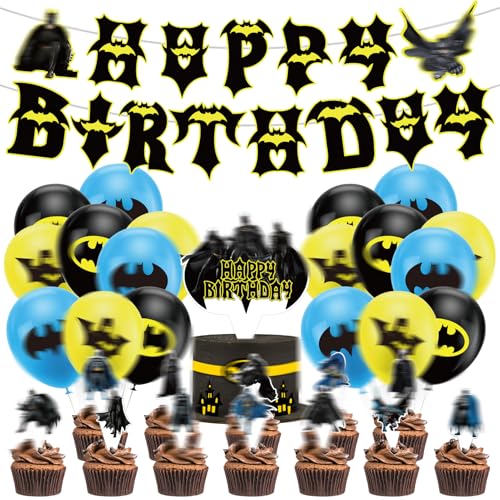 Batm Geburtstagsdeko, 32 Stück Deko Geburtstag Kinder, Geburtstag Luftballons Junge, Banner, Cupcake Toppers,Tortendeko, für Kindergeburtstag Party Deko von LIVESTN