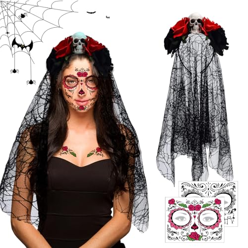 Halloween Tag der Toten Haarreif und Schleier, Mexikanische Rose Stirnband Mit Totenkopf, Day of The Dead Haarreif Mit Gesicht Tattoos für Damen Karneval und Parties Halloween Tag der Toten Haarreif und Schleier, Mexikanische Rose Stirnband Mit Totenkopf, Day of The Dead Haarreif Mit Gesicht Tattoos für Damen Karneval und Parties von LIVESTN