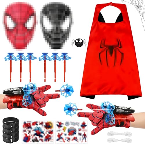 LIVESTN 21 Set Spiderm Umhang Kinder, Super Spiderm Launcher, Spiderm Launcher Handschuh, Rot und Schwarz Spiderm Maske enthalten mit Spiderm Aufkleber, Cosplay Spiderm Geschenk für Kinder Fans(A) von LIVESTN