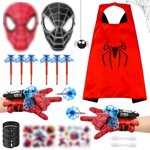 LIVESTN 21 Set Spiderm Umhang Kinder, Super Spiderm Launcher, Spiderm Launcher Handschuh, Rot und Schwarz Spiderm Maske enthalten mit Spiderm Aufkleber, Cosplay Spiderm Geschenk für Kinder Fans von LIVESTN