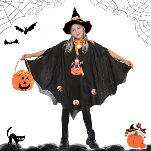 LIVESTN Kinder Halloween Kostüm Hexen Zauberer Umhang Hexe Zauberer Umhang mit Hut für Kinder, Kürbis Candy Bag, Zauberer Mantel für Halloween Jungen Mädchen Cosplay Party von LIVESTN