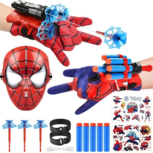 LIVESTN Spiderm Launcher Handschuh, 2 Set Kids Spiderm Hero Handschuhe Super Spiderm Launcher mit Maske und Aufkleber Held Launcher Cosplay Spiderm Handschuhe Launcher Spielzeug für Kinder Fans von LIVESTN