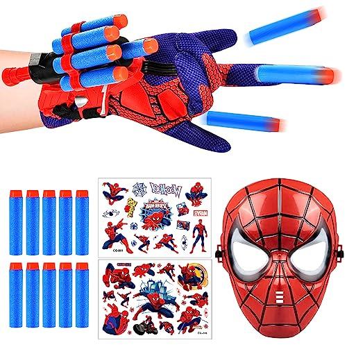 LIVESTN Spiderm Launcher Handschuh, Handgelenk Spielzeug Set mit Spiderm Maske und Spiderm Tattoo Kinder, Spiderm Hero Handschuhe für Cosplay Handschuh Lustiges Lernspielzeug für Kinder von LIVESTN