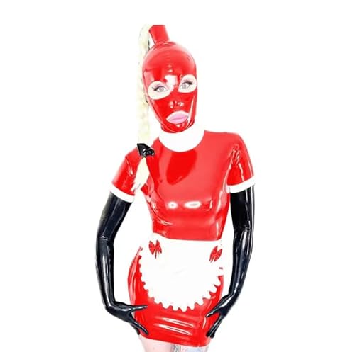LIXIAAOOKWEDG Damen-Kostüm, Dienstmädchen, figurbetont, PVC, mit Schürze + Kopfbedeckung, Rollenspiel-Outfit, Rot, Größe 5XL von LIXIAAOOKWEDG