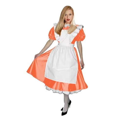 LIXIAAOOKWEDG Damen Leder Kostüme Mädchen Cosplay mit Schürze Kragen Puff Kurzarm A-Linie langes Kleid Rollenspiel,, Orange, 7XL von LIXIAAOOKWEDG