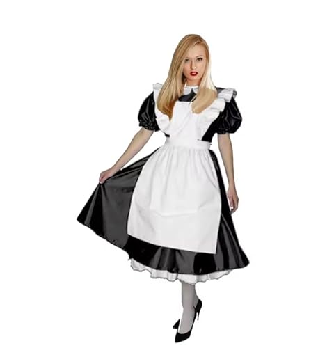LIXIAAOOKWEDG PVC-Leder Cosplay Dienstmädchen-Outfits mit Schürze, Turn-Dowm-Kragen, Puff, kurze Ärmel, A-Linie, langes Kleid, Rollenspiel, Partykleidung, Schwarz , 52 LIXIAAOOKWEDG PVC-Leder Cosplay Dienstmädchen-Outfits mit Schürze, Turn-Dowm-Kragen, Puff, kurze Ärmel, A-Linie, langes Kleid, Rollenspiel, Partykleidung, Schwarz , 52 von LIXIAAOOKWEDG