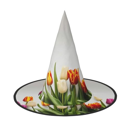 LIXLZH Hut mit buntem Tulpenaufdruck, Partyzubehör, Kostümzubehör, Zauberer, Maskerade, Halloween, Spitzhut von LIXLZH
