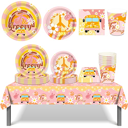 45 Stück zwei Groovy Party Supplies – LIYDE Einweggeschirr Servieren 8 Regenbogen Hippie Party Dekorationen Tischdecke Teller Tassen Servietten Retro Gänseblümchen Thema Party Zubehör für Mädchen 2. Geburtstag von LIYDE