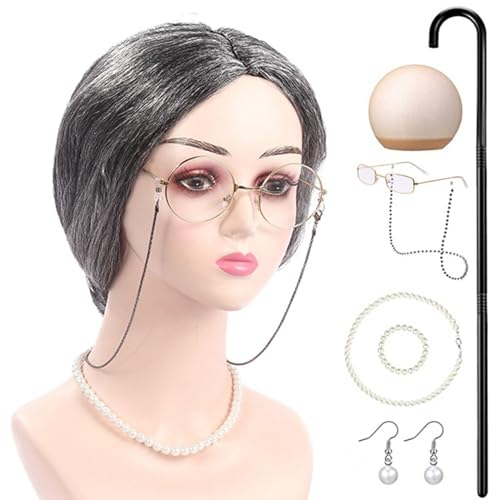 LIbgiubhy Alte Dame Kostüm Set Für Mädchen 100 Tage Schul Kostüm Outfit Halloween Dress Up Perücke Brille Dress Up Up von LIbgiubhy