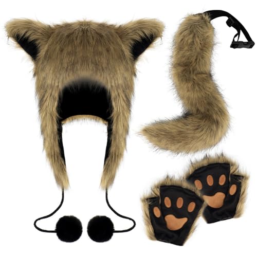 LIbgiubhy Fuchs Kostüm Set Tierhut Pelzhandschuhe Tierschwanz Halloween Kostüm Set Plüschmütze Füchse Schwanz für Karneval von LIbgiubhy