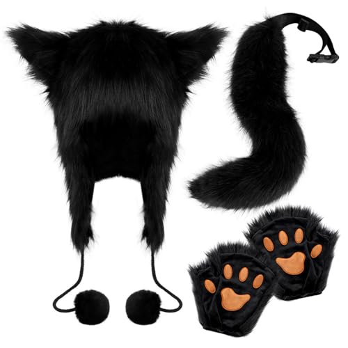 LIbgiubhy Fuchs Kostüm Set Tierhut Pelzhandschuhe Tierschwanz Halloween Kostüm Set Plüschmütze Füchse Schwanz für Karneval von LIbgiubhy