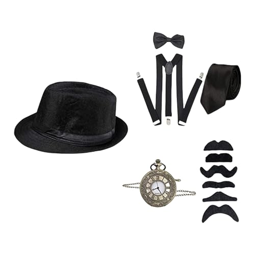 LIbgiubhy Halloween 1920er Jahre Herren Kostüm Zubehör Set Tolle Mafia Kleidung Brüllende 20er Jahre Taschenuhr Mafia Mobster Hut Fliege von LIbgiubhy