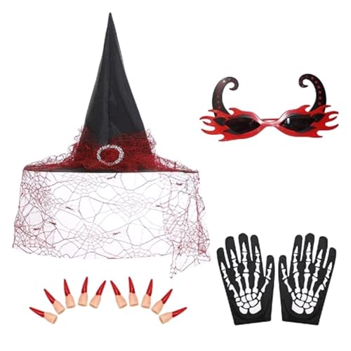 LIbgiubhy Hexenhüte, Skelett-Handschuhe, verkleiden sich Hüte, falsche Nägel, Flammenbrille, Partyzubehör für Halloween, Cosplay LIbgiubhy Hexenhüte, Skelett-Handschuhe, verkleiden sich Hüte, falsche Nägel, Flammenbrille, Partyzubehör für Halloween, Cosplay von LIbgiubhy