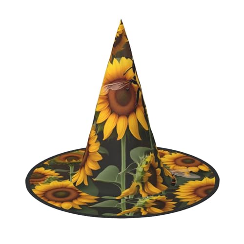 LJABCVNN Bienen- und Sonnenblumen-Druck, Halloween-Hexenhut, für Halloween-Party, Karneval, ein Muss für Kostümzubehör von LJABCVNN