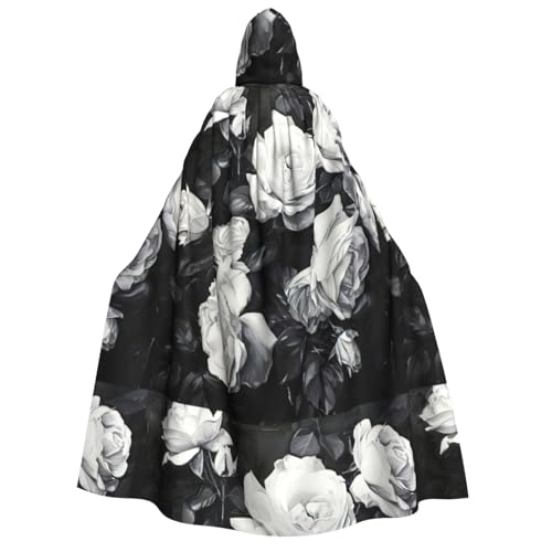LJABCVNN Schwarz-weißer Rosen-Aufdruck, Halloween-Kapuzenumhang, bequem für Cosplay/Partys/Spukhäuser von LJABCVNN