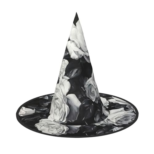 LJABCVNN Schwarz-weißer Rosen-Druck, Halloween-Hexenhut für Halloween-Party, Karneval, ein Muss für Kostümzubehör von LJABCVNN