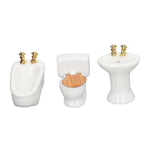 LJCM Miniatur-Badezimmermöbel, Realistisches Porzellan-Puppenhaus, Miniatur-Badezimmer-Set, Badewanne, WC, Waschbecken, Kompakt, 3-teilig, für 1/24 Puppenhaus (reines Weiß) von LJCM