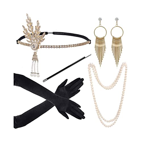 LJRPUPY 1920er Jahre Great Gatsby Accessoires Set Flapper Kopfbedeckung Handschuhe Brüllende 20er Jahre Gatsby Kostüm Zubehör für Damen von LJRPUPY