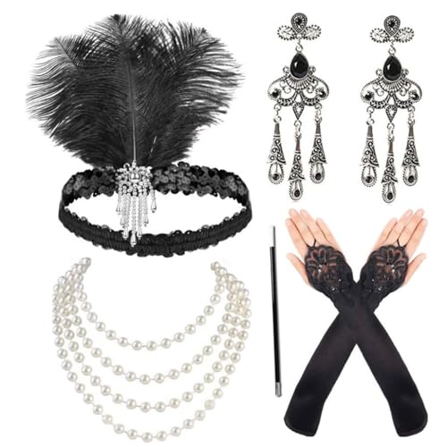 LJRPUPY 1920er Jahre Great Gatsby Accessoires Set Flapper Kopfbedeckung Handschuhe Brüllende 20er Jahre Gatsby Kostüm Zubehör für Damen von LJRPUPY
