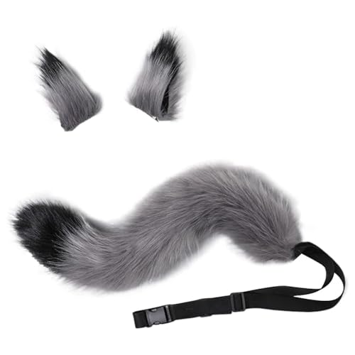 LJRPUPY Pelziger Kunstfell, Fuchsschwanz und Ohrclips, Werwolf-Kostüm, Halloween-Party, Tier-Cosplay-Set von LJRPUPY