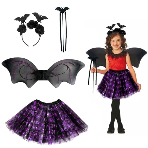 LJTXX Feenflügel Kostüm, 4PCS Feen kostüm mit Kinder Tutu Zauberstab und Haarreifen, Fee Kostüm Tutu Fee Kostüm Damen Flügel für Cosplay Kindergeburtstag Karneval Halloween von LJTXX