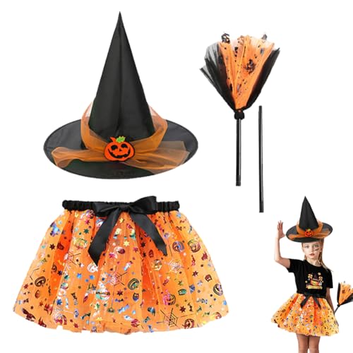 LJTXX Halloween Hexenkostüm, 3PCS Hexe Kleider mit Tutu Rock Hexenhut Besen Magierin Hexenkostüm Witcher Kostüm Outfit Set Hexen Verkleidung Set für Fasching Halloween Karneval Cosplay Party von LJTXX