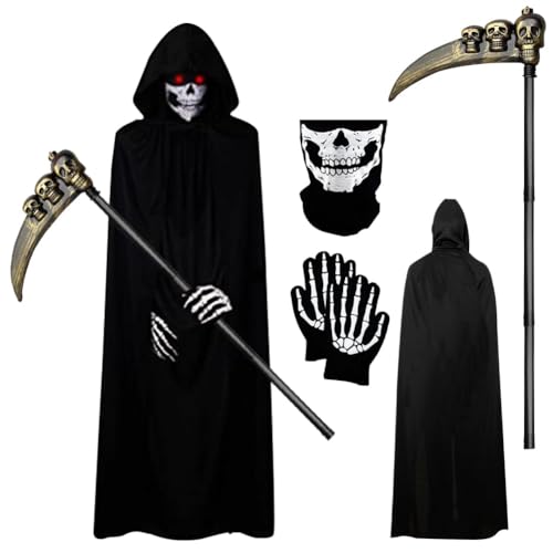 LJTXX Halloween Sensenmann Kostüm Set. 4 Pcs Halloween Kostüm mit Umhang Schädelmaske Gloves und Props Vampir Kostüm für Halloween Party Karneval Kostüm Kostü Tod Kostüm Halloween Cosplay LJTXX Halloween Sensenmann Kostüm Set. 4 Pcs Halloween Kostüm mit Umhang Schädelmaske Gloves und Props Vampir Kostüm für Halloween Party Karneval Kostüm Kostü Tod Kostüm Halloween Cosplay von LJTXX