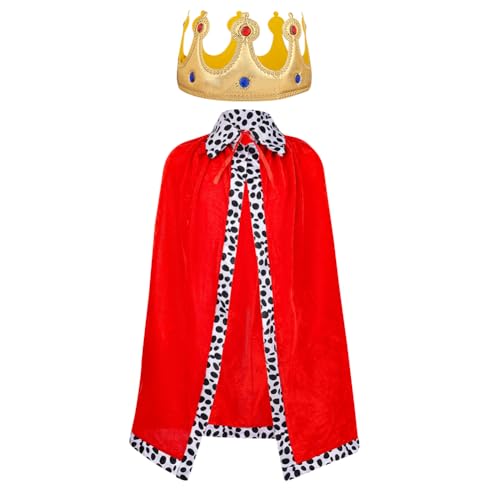 LJTXX Kinder Prinz Umhang, König Umhang mit Krone, Cosplay Kostüme, Königinsmantel Rot, Prinz Krone Kostüme, Umhang für Halloween, Cosplay, Karneval, Geburtstag, 90cm für Kinder von 100–145CM von LJTXX