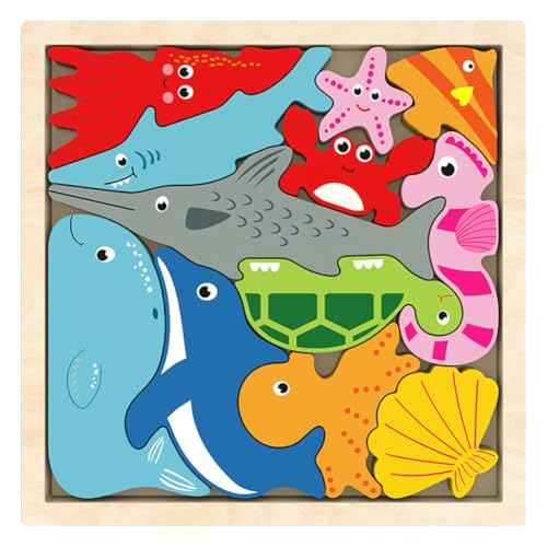 LJTXX Ozeane Tierisches Steckpuzzle Cartoon-Puzzles aus Holz Greifpuzzle Holzspielzeug 3D Bilderwürfel Puzzlespiele Puzzle-bausteine Kinderspielzeug für Jungen und Mädchen von LJTXX