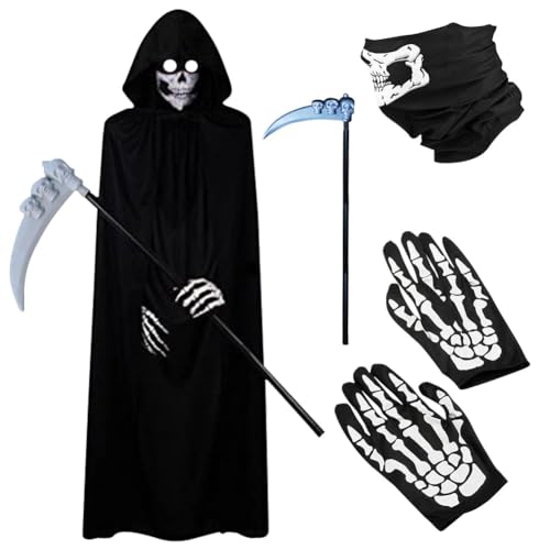 LJTXX Sensenmann Kostüm, 4 Pcs Halloween Kostüm mit Umhang Schädelmaske Gloves und Props, Halloween Set Vampir Kostüm für Cosplay Costume Karneval Kostüm Kostü Tod Kostüm Halloween Cosplay LJTXX Sensenmann Kostüm, 4 Pcs Halloween Kostüm mit Umhang Schädelmaske Gloves und Props, Halloween Set Vampir Kostüm für Cosplay Costume Karneval Kostüm Kostü Tod Kostüm Halloween Cosplay von LJTXX