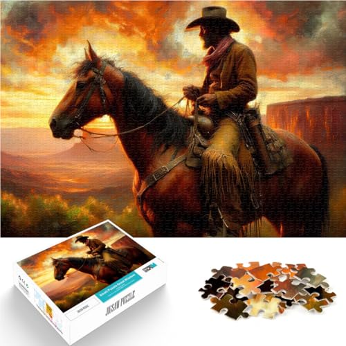 1000-Teile-Puzzle für Teenager Anspruchsvoll, Aber lustig und humorvoll Cowboy bei Sonnenuntergang mit passendem Poster und Quizblatt75x50cm von LKASGCBY