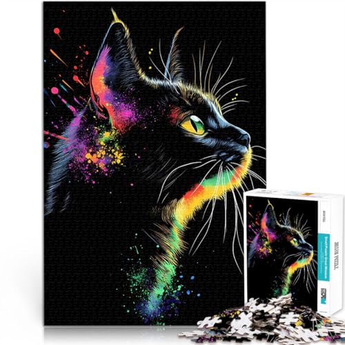 1000-teilige Puzzles für Erwachsene Spielzeug Lernspiele Stressabbau Schwarze Katze mit Regenbogenspritzern Wichtelgeschenke38x26cm von LKASGCBY