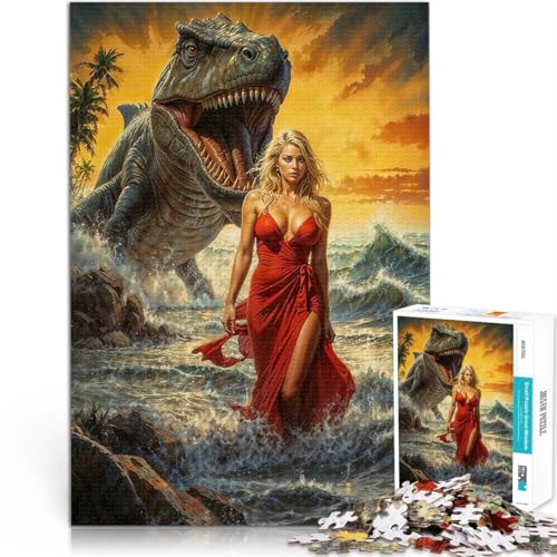 1000-teiliges Puzzle für Erwachsene Quizspiel Schönes Mädchen und Dinosaurier am Strand Lernspiel für Geburtstag, Weihnachten38x26cm von LKASGCBY