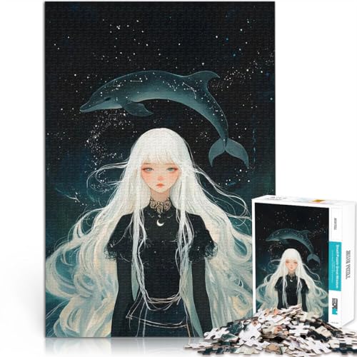 2000-teilige Puzzles für Teenager Denkspiel Weißhaariges Mädchen mit Delphin-Konstellation Lernspiel für Geburtstag, Weihnachten70x100cm von LKASGCBY